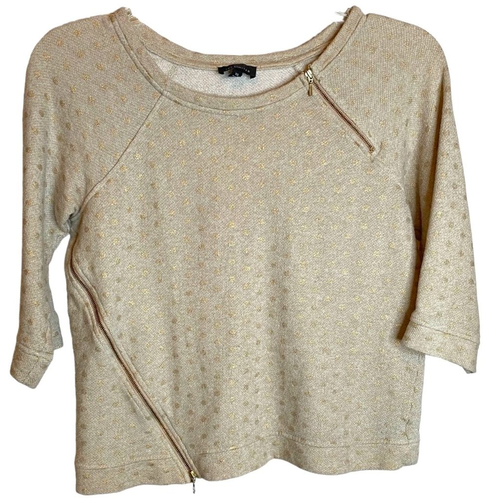 The Limited Sweatshirt XS Beige Gold Polka Dot Zip Detail 3/4 Sleeve Casual Top